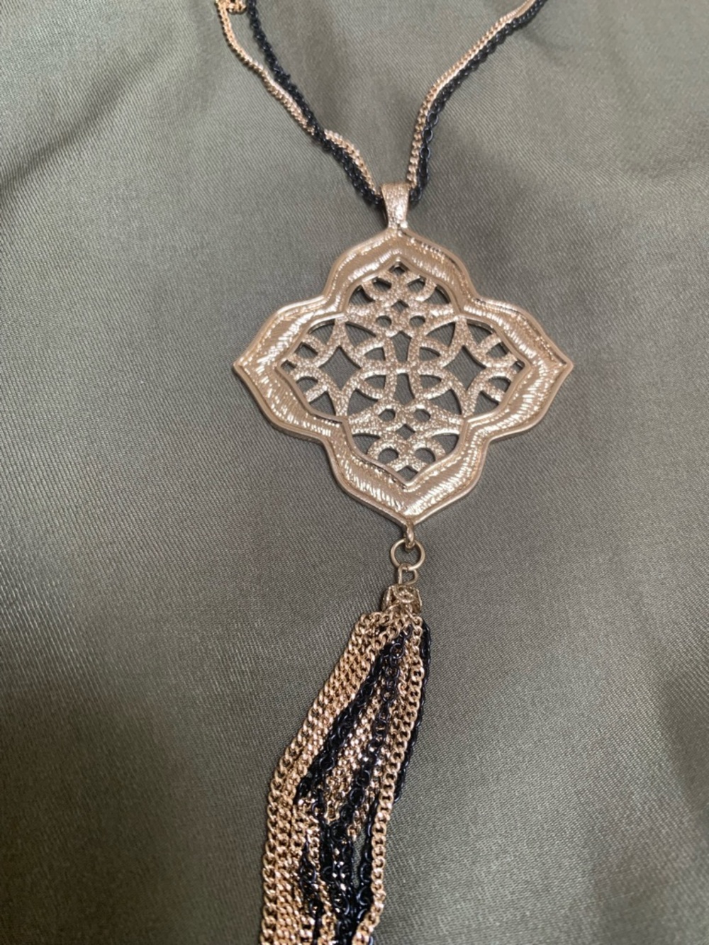 Delicate Gold/Tone Filigree Pendant Necklace with Black and Gold tone accents